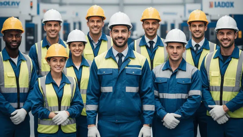  Diverse blue-collar worker team in safety gear